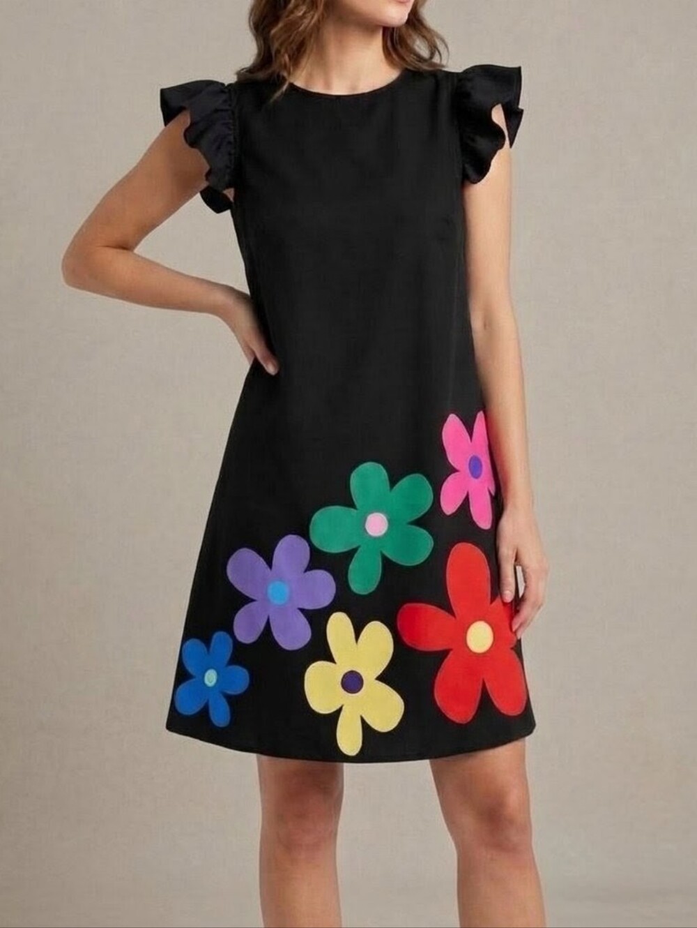 Retro Floral Shift Dress Ruffle Sleeve Black Multi Color Block Hem - Size XS